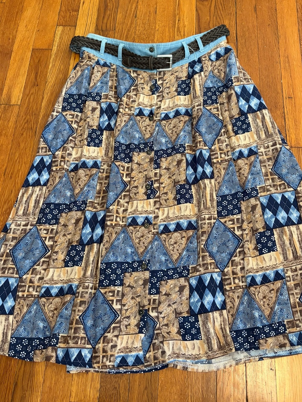 Vintage Blue & Tan Patchwork Print Womens Skirt